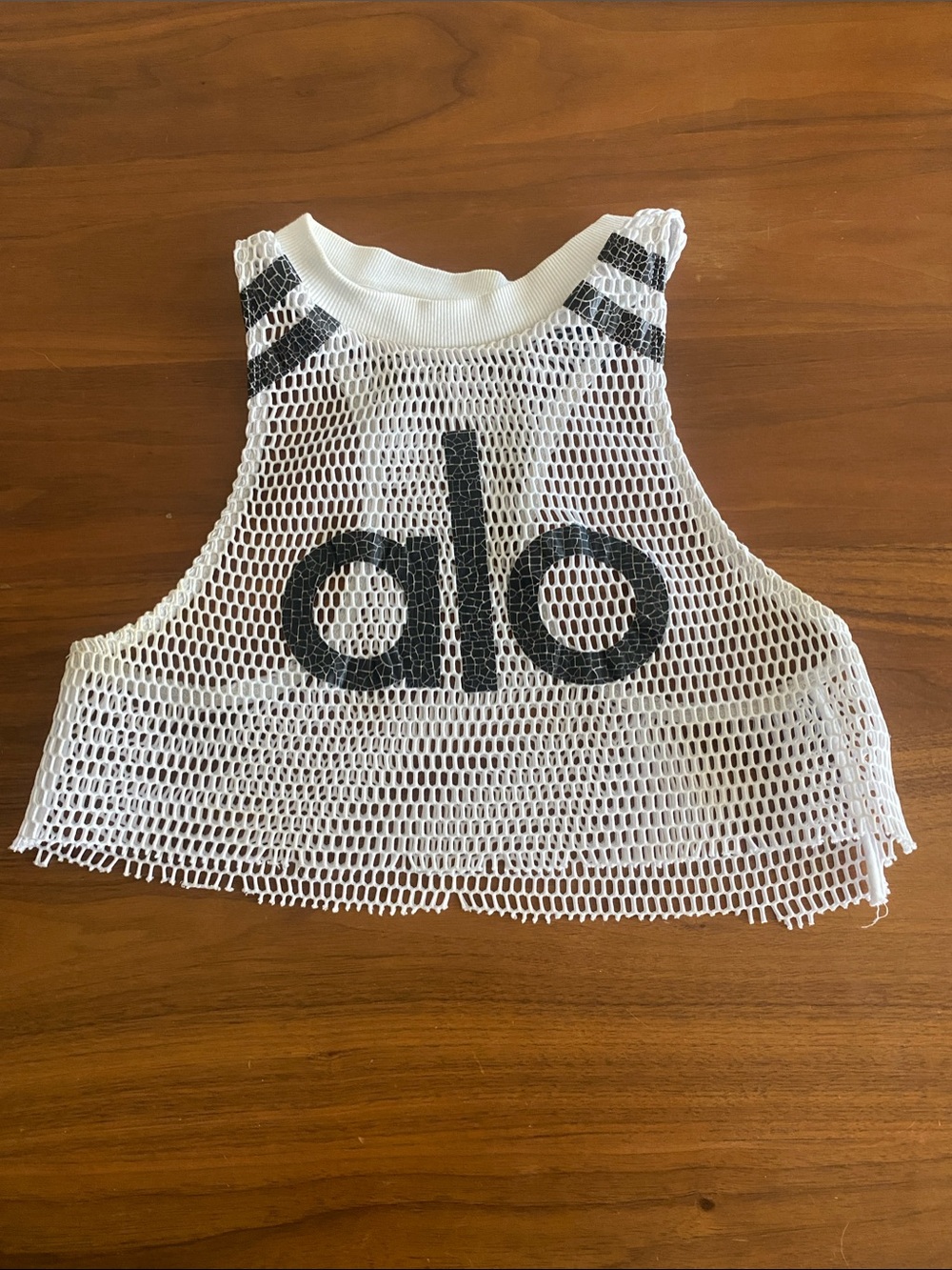 ALO Yoga White Mesh Crop Tank with Black Logo